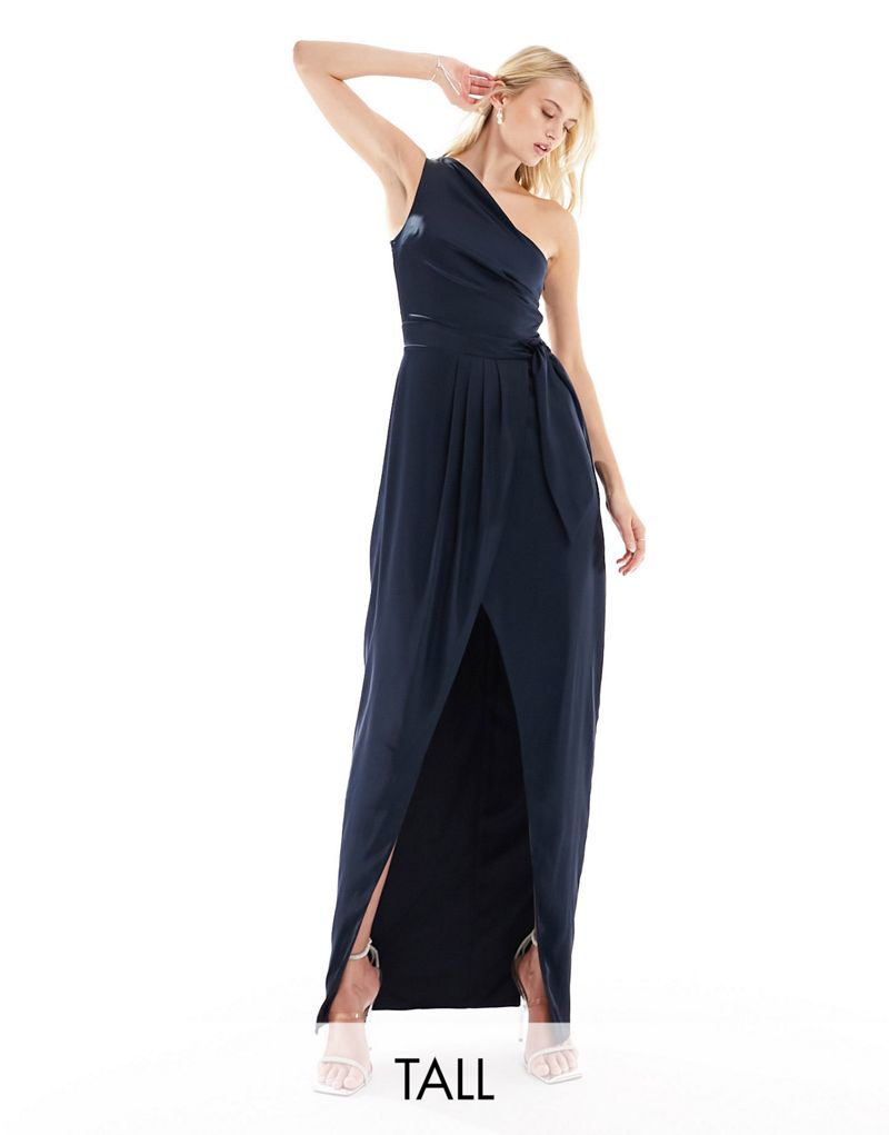 TFNC Tall Bridesmaid one-shoulder maxi dress with pleated detail in navy TFNC