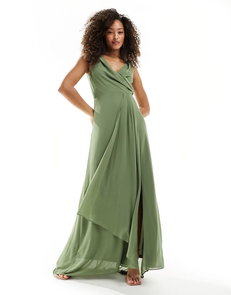 TFNC Bridesmaid chiffon maxi dress with split front in dark green TFNC