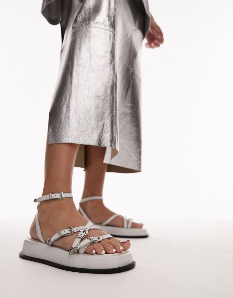 Topshop Kayla leather strappy sandals with buckle detail in white TOPSHOP