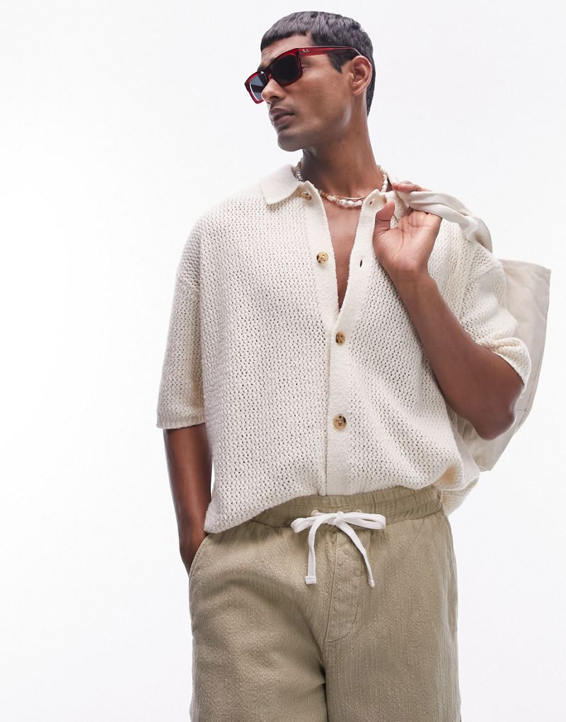 Мужская рубашка Topman с пуговицами и вязаным узором светло-бежевого цвета TOPMAN
