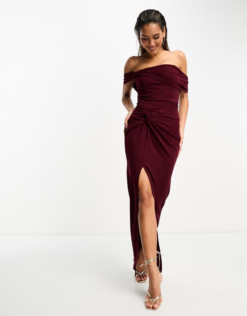 TFNC bardot maxi dress with pleat in burgundy TFNC