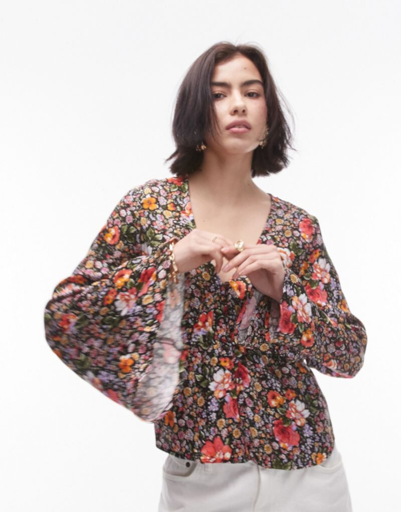 Topshop jacquard button front flute sleeve blouse in floral multi TOPSHOP