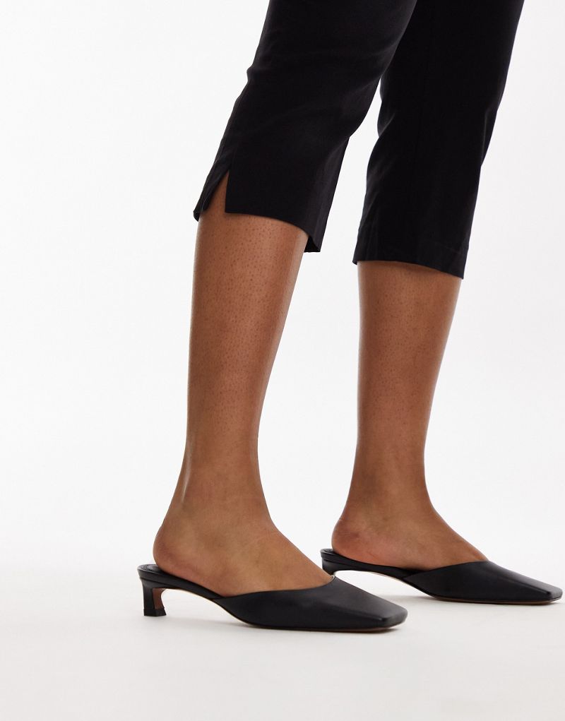 Topshop Audrey premium leather mid heeled square toe mules in black TOPSHOP
