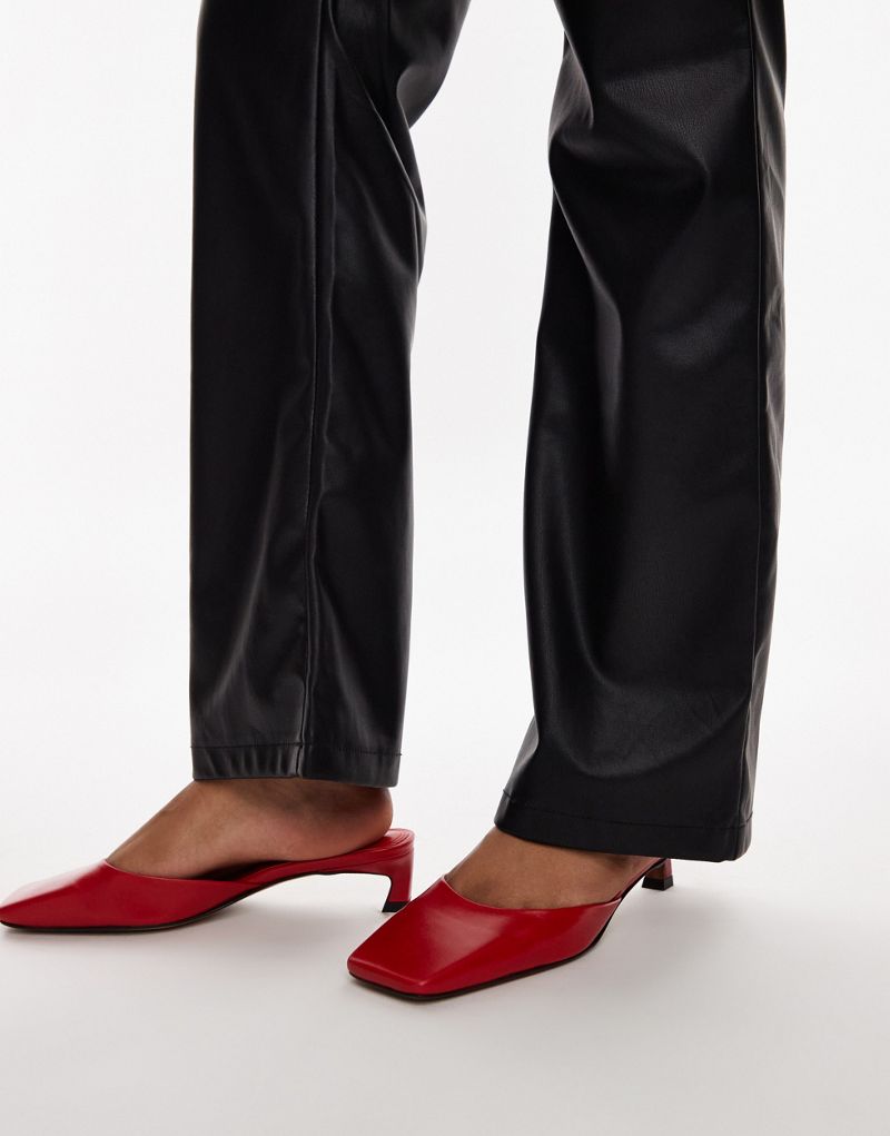 Topshop Audrey premium leather mid heeled square toe mules in red TOPSHOP