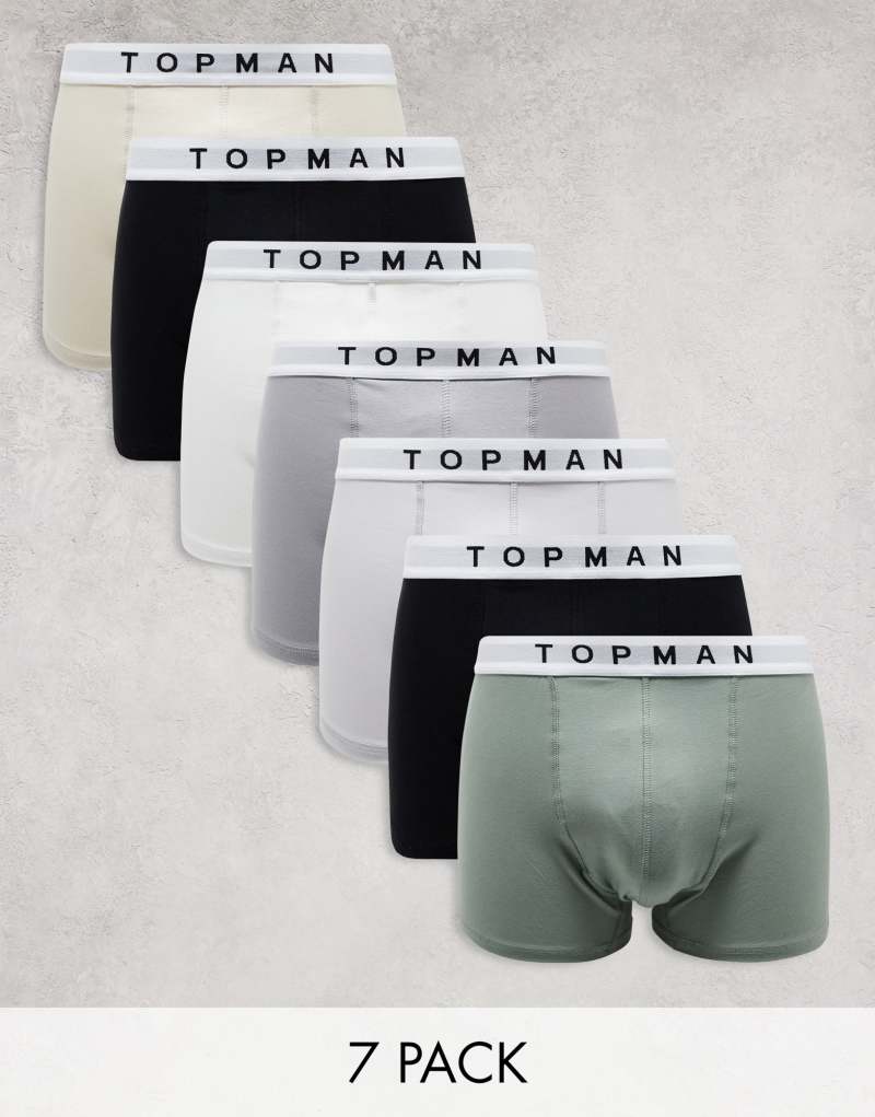 Мужские Боксеры Topman 7 упаковка черный, белый, серый, светло-серый, каменный и зеленый с белой резинкой TOPMAN