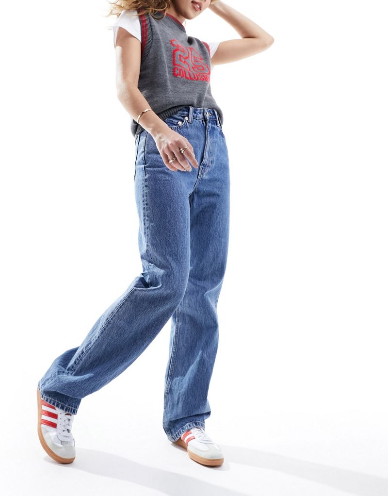Weekday Rowe extra high waist regular fit straight leg jeans in 90s blue Weekday