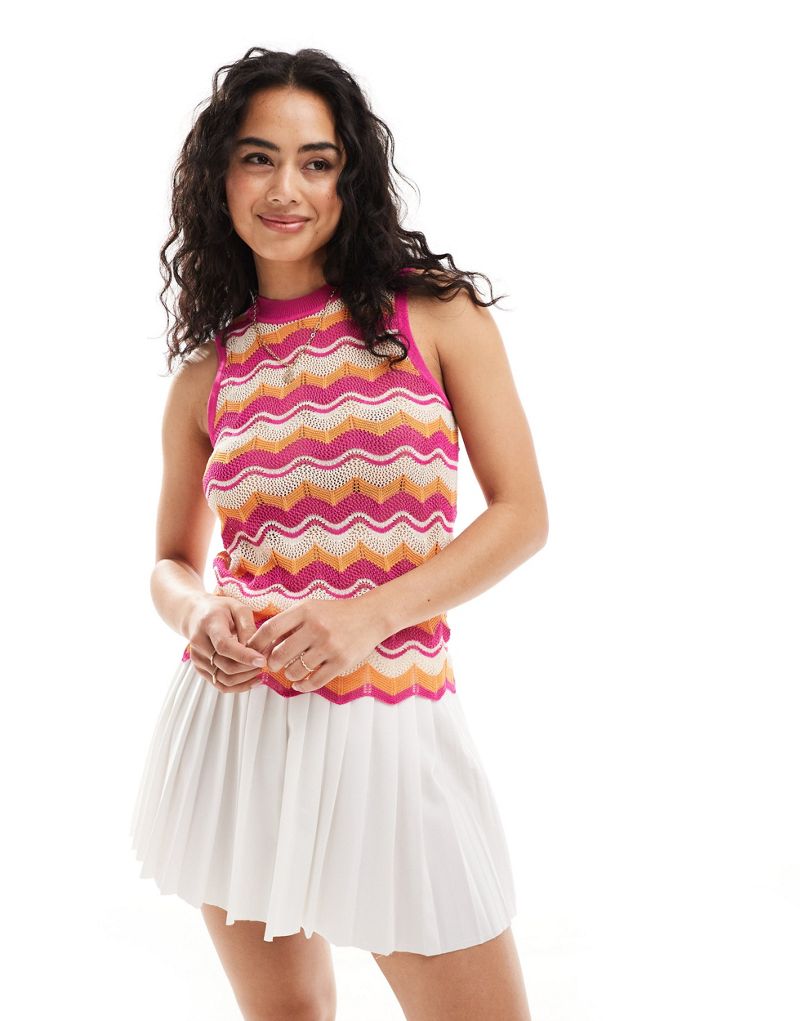 Y.A.S chevron fine crochet tank top in pink and orange stripe Y.A.S