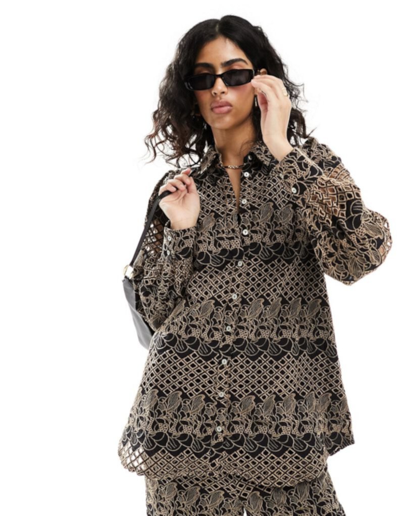 Y.A.S eyelet oversized shirt in black and deep beige - part of a set Y.A.S
