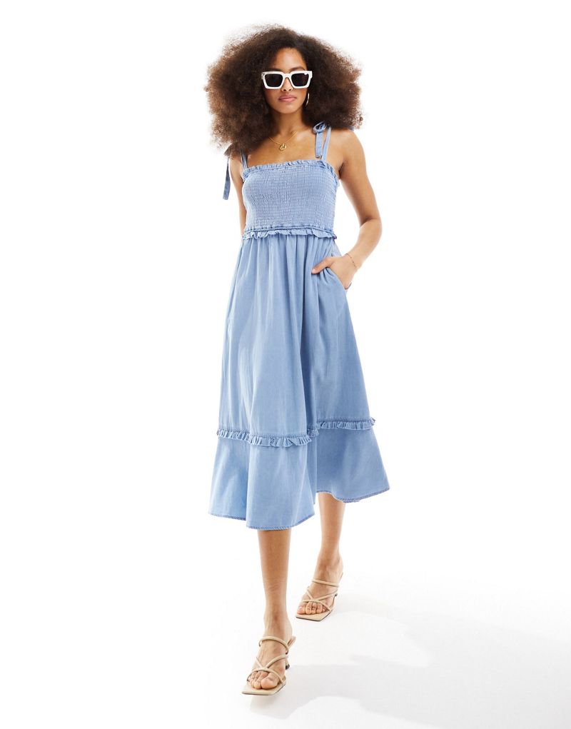 Y.A.S tie shoulder chambray denim midi dress with shirred bust in blue Y.A.S