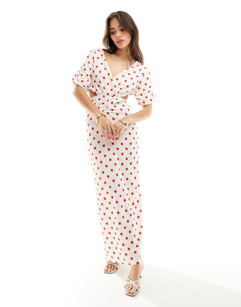 Y.A.S cut out side maxi dress with puff sleeve in white and red polka dot Y.A.S