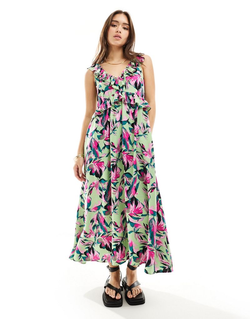 Y.A.S v-neck frill midi dress in floral  Y.A.S