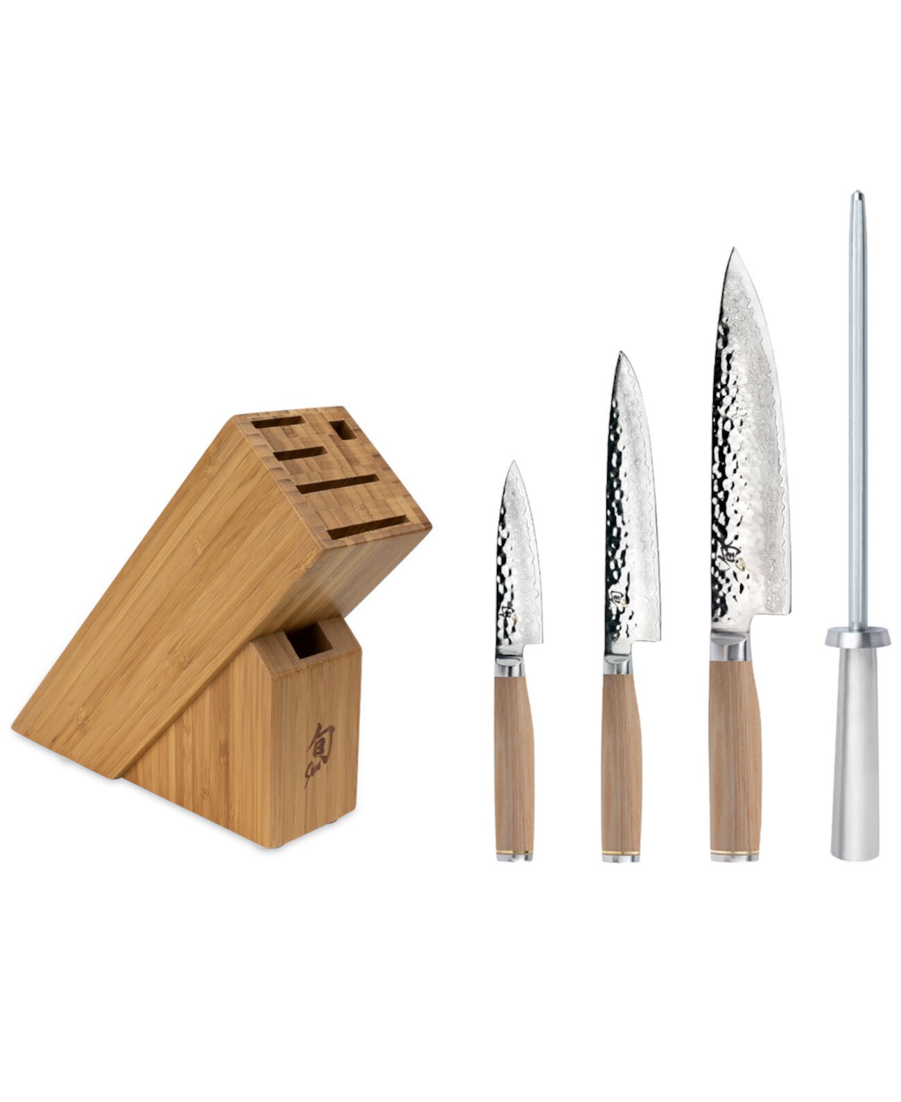 Stainless Steel Premier Blonde 5 Pc Starter Set: Paring 4", Utility 6.5", Chef's 8", Satin Steel Combination Honing Steel, 6-Slot Slimline Block Shun