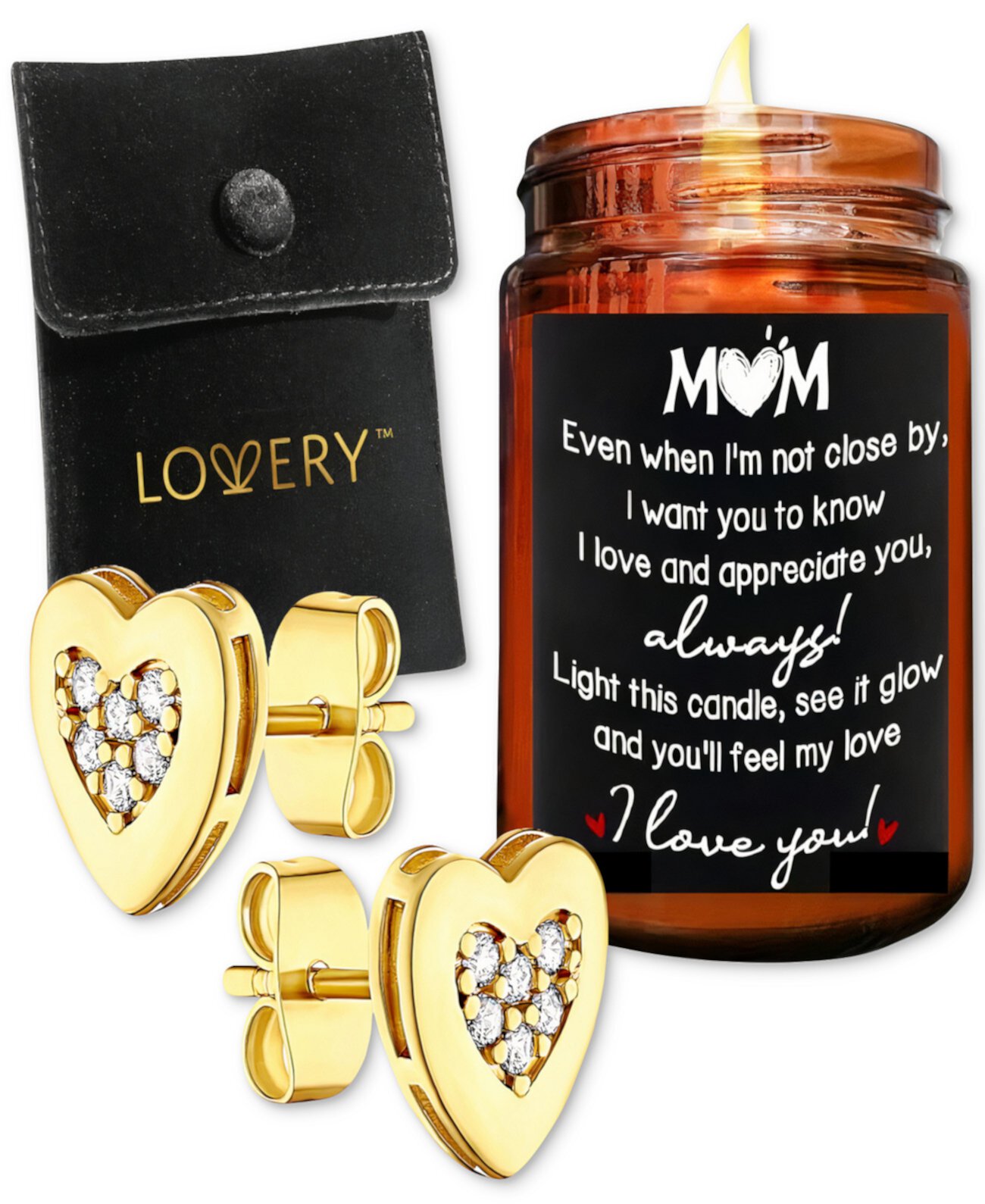 3-Pc. Heart Earrings & "Love You Mom" Candle Gift Set Lovery