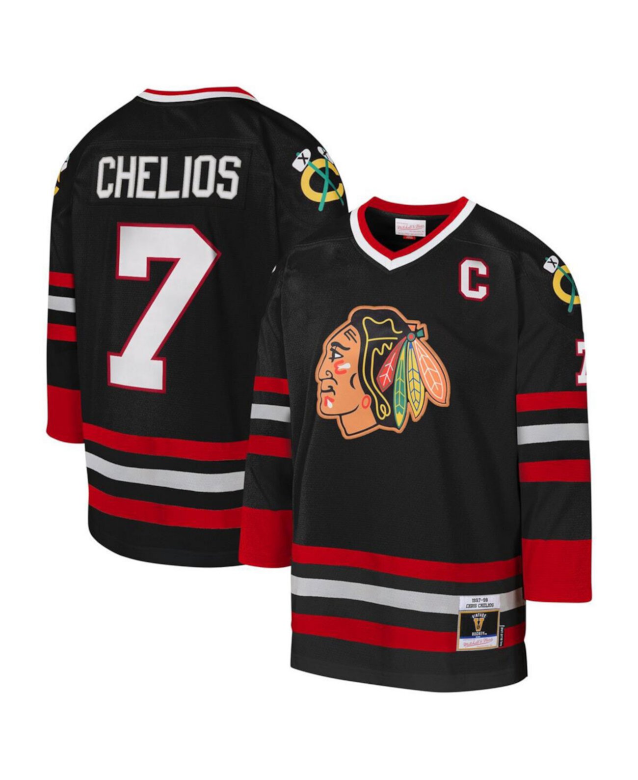 Детское Джерси Mitchell & Ness Chris Chelios Black Chicago Blackhawks 1997-98 Blue Line Captain Patch Player Mitchell & Ness