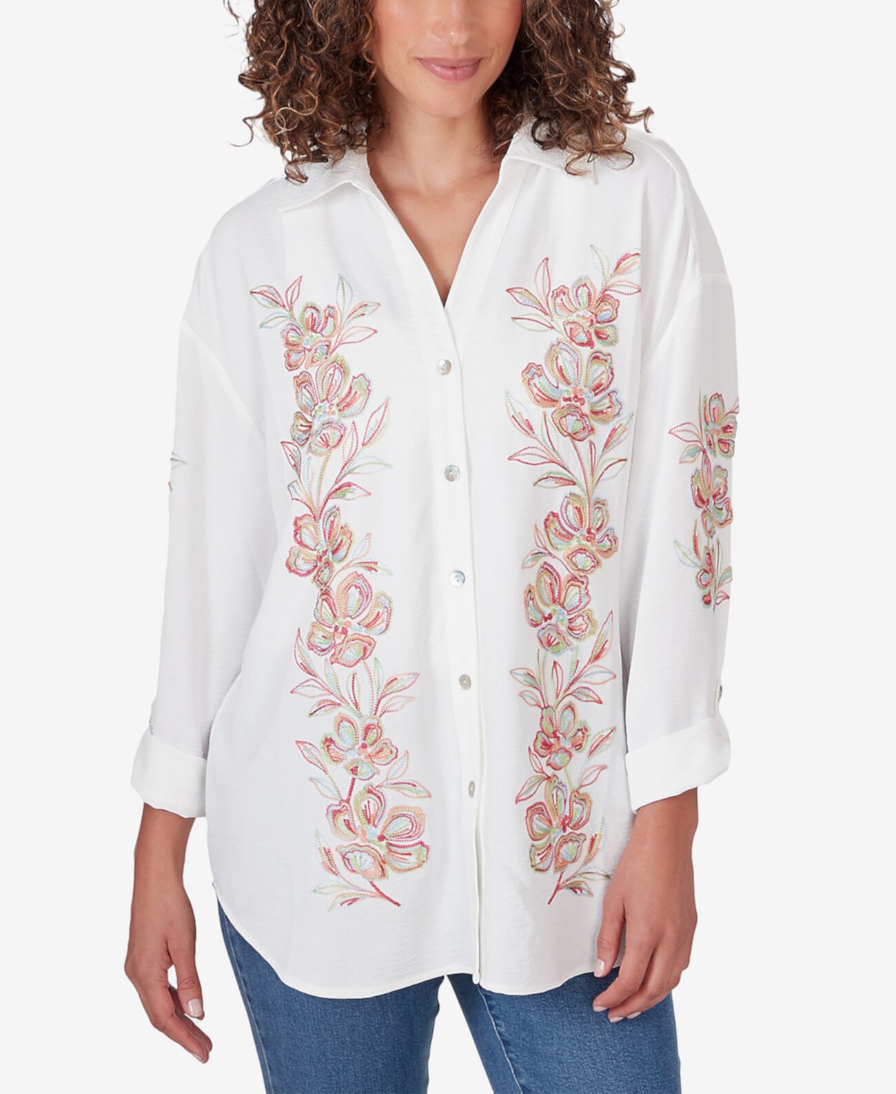 Petite Embroidered Crepe Button Front Top Ruby Rd.