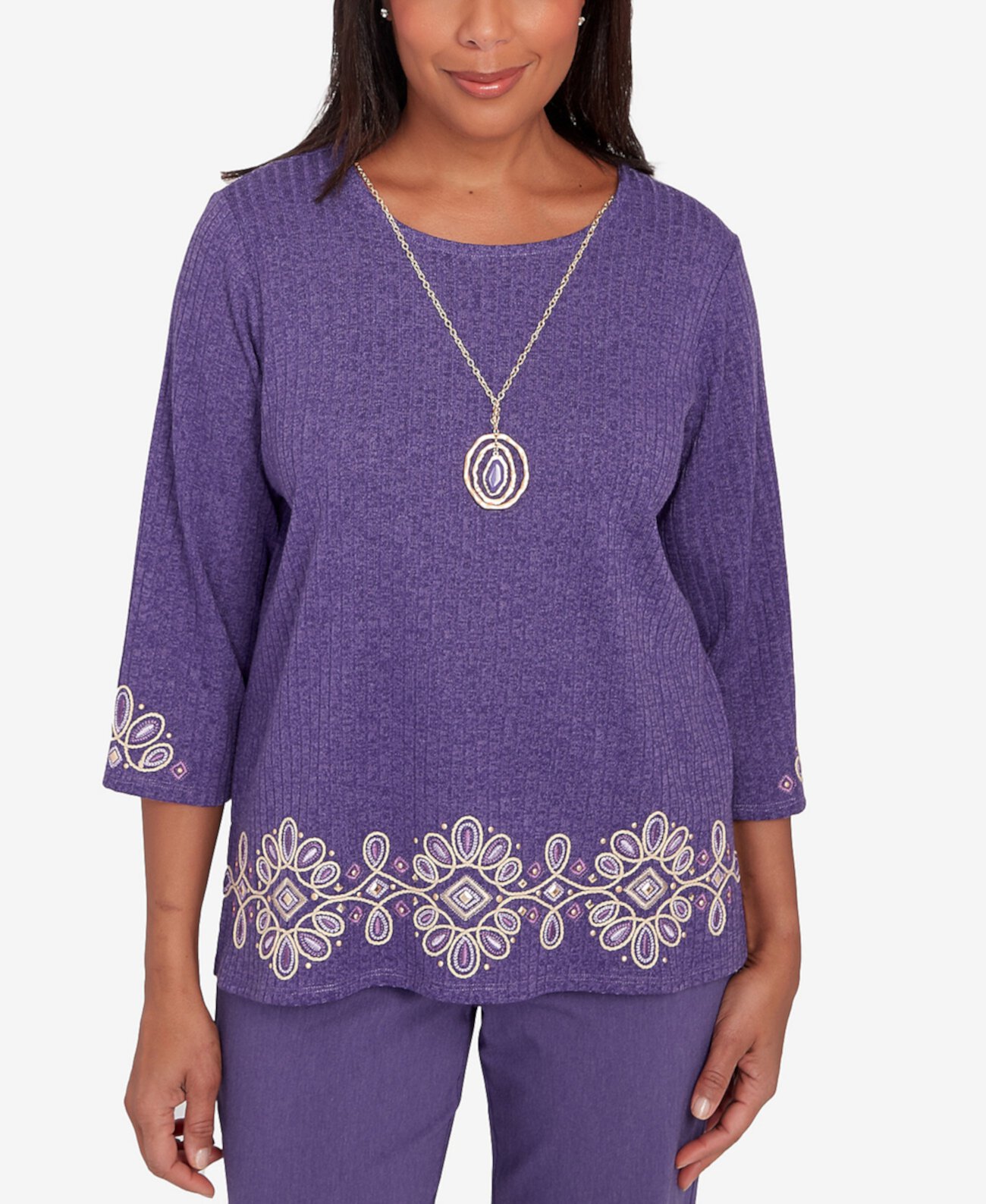 Charm School Women's Embroidered Medallion Top With Necklace Alfred Dunner