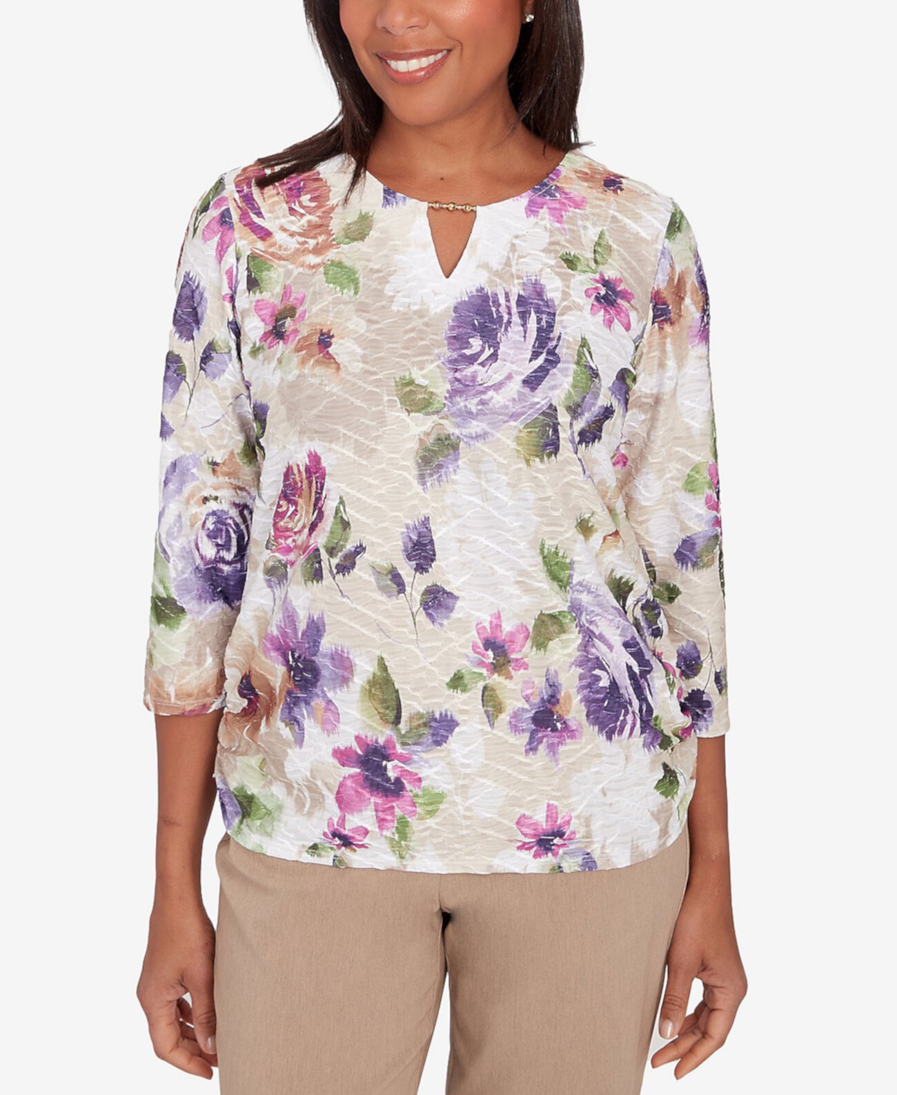 Charm School Women's Embellished Keyhole Floral Textured Top Alfred Dunner