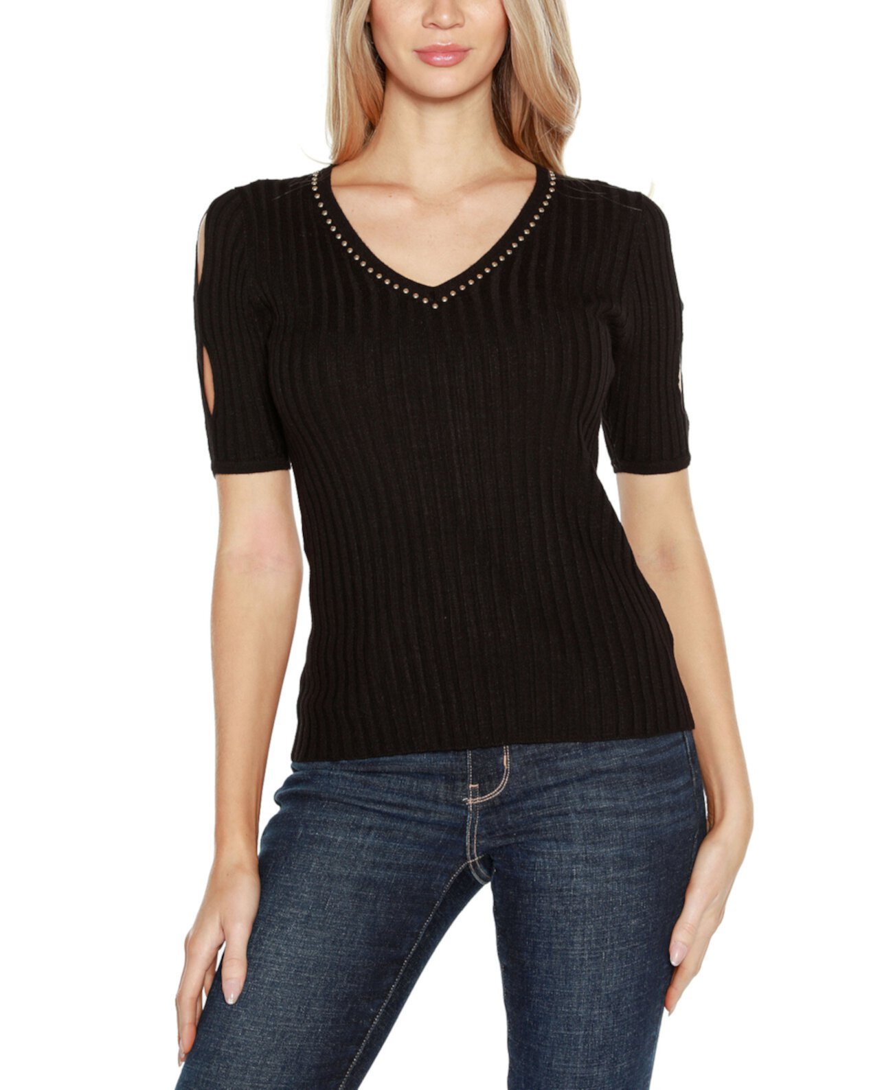 Women's Embellished Criss Cross Sleeve Sweater Belldini