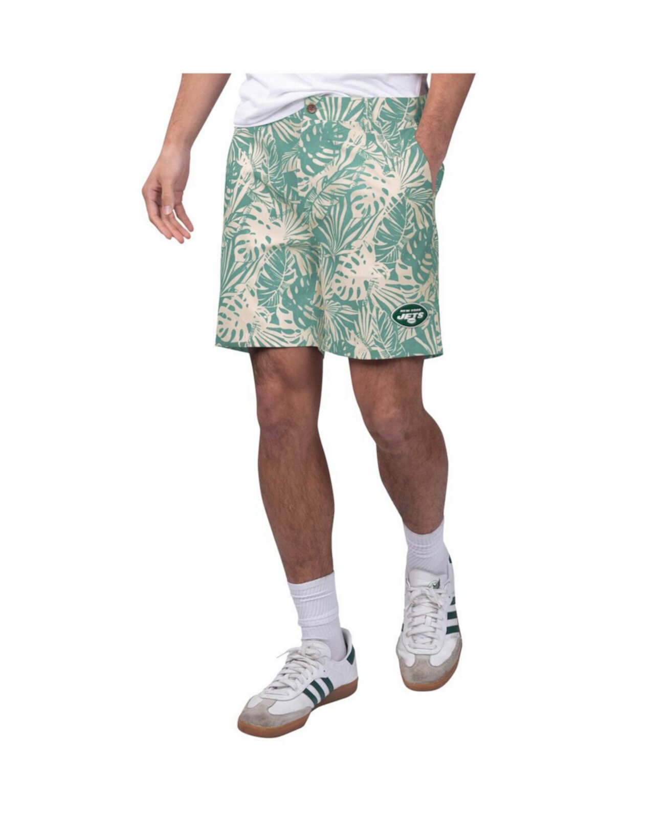 Men's Green New York Jets Sandwashed Monstera Print Amphib Shorts Margaritaville