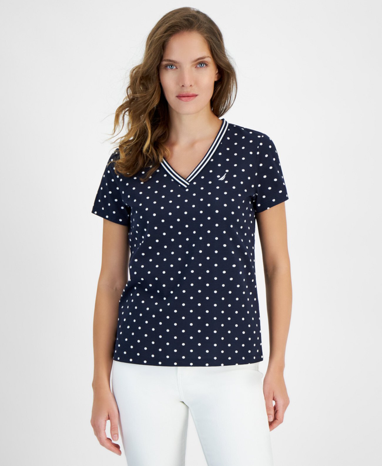 Women's Dot-Print V-Neck Short-Sleeve Top Nautica Jeans