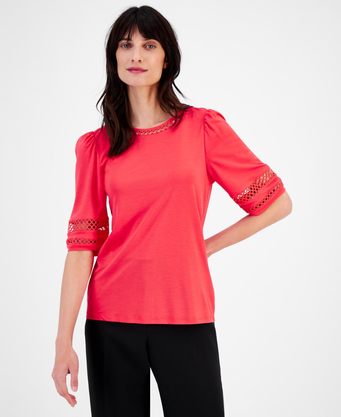 Women's Harmony Knit Open-Trim Elbow-Sleeve Top, Created for Macy's Anne Klein