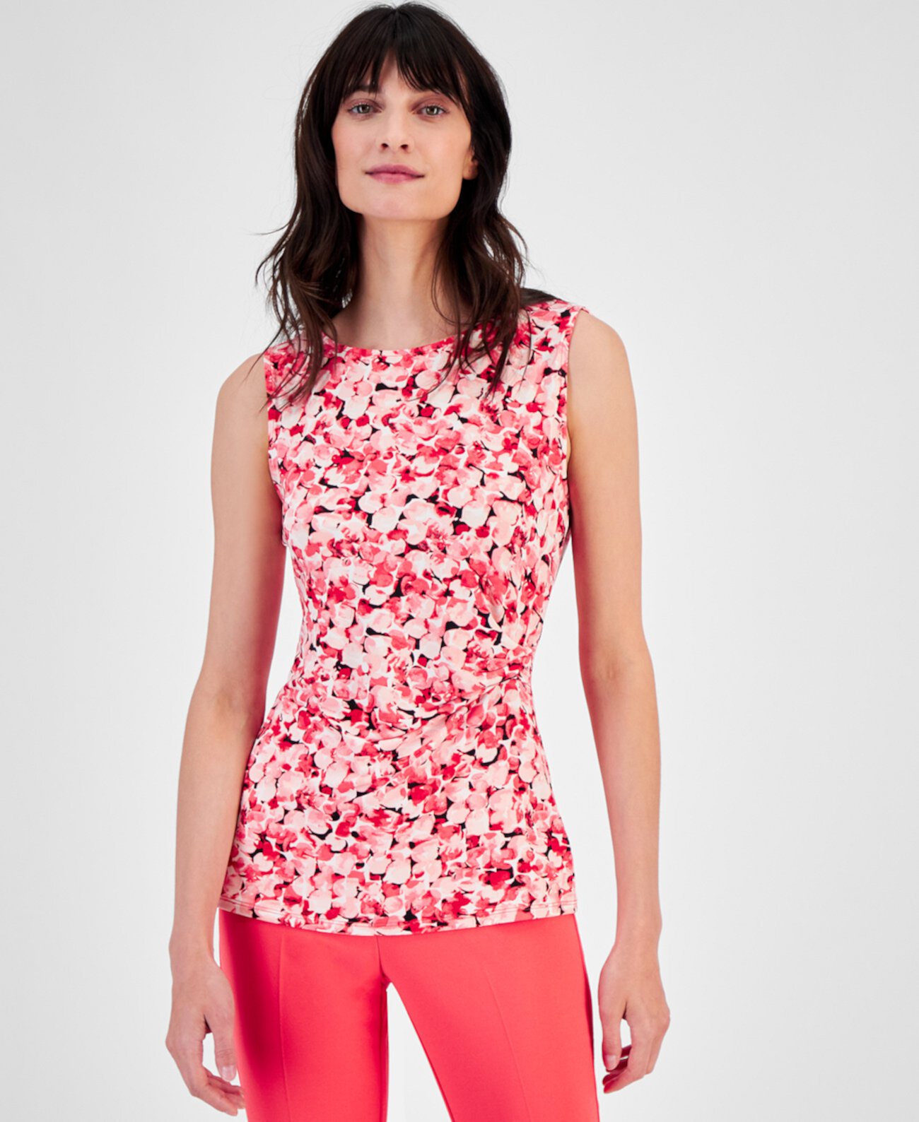 Petite Floral-Print Pleated-Waist Sleeveless Top Anne Klein