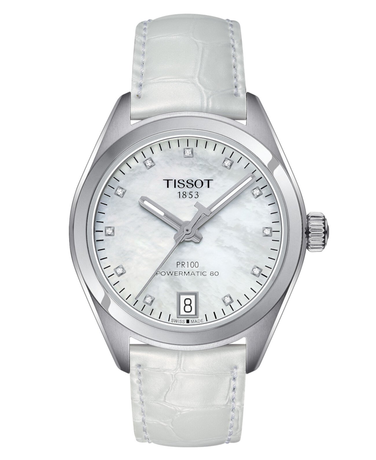 Смарт часы Tissot PR 100 с бриллиантами на белом кожаном ремешке, 33мм Tissot