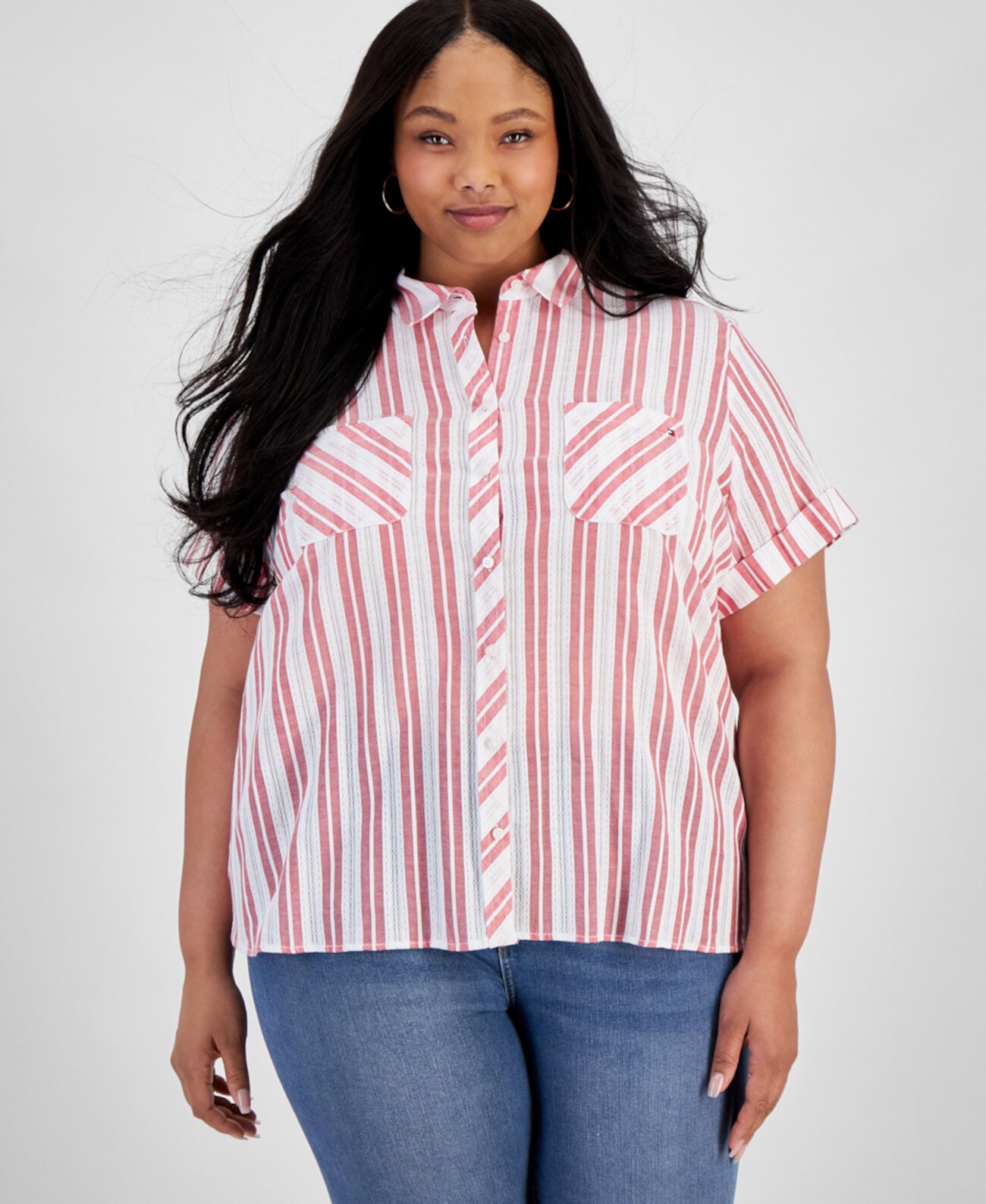 Plus Size Cotton Dobby Stripe Camp Shirt Tommy Hilfiger
