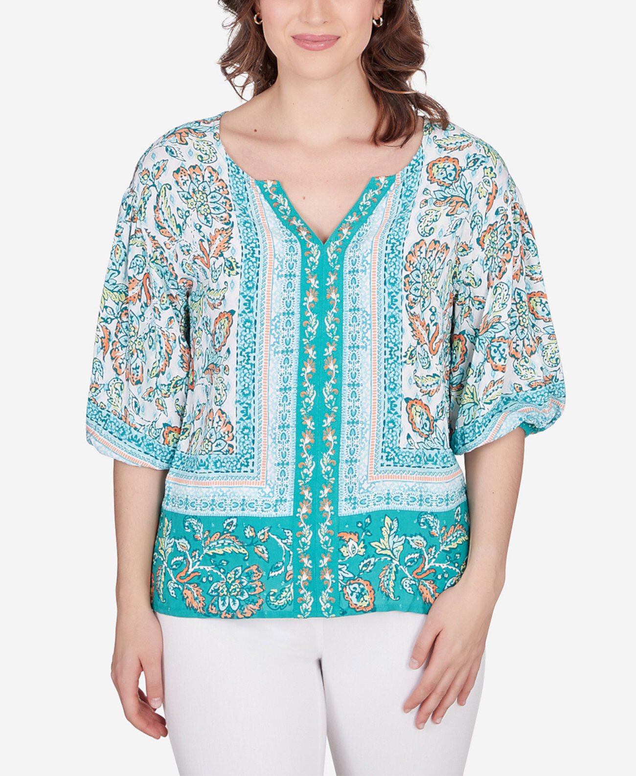 Petite Floral Breeze Puff Sleeve Border Top Ruby Rd.