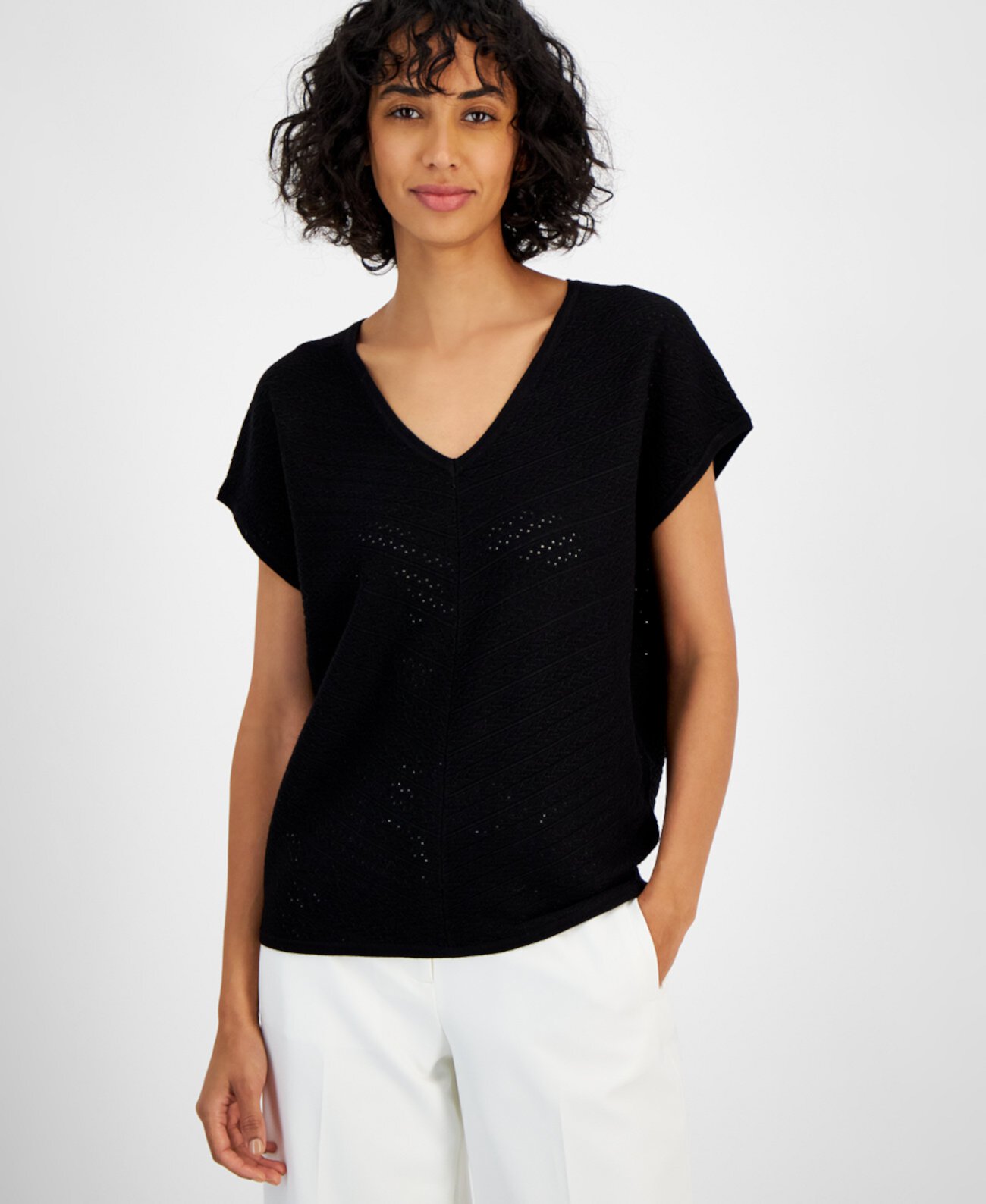 Women's V-Neck Pointelle Cap-Sleeve Sweater T Tahari