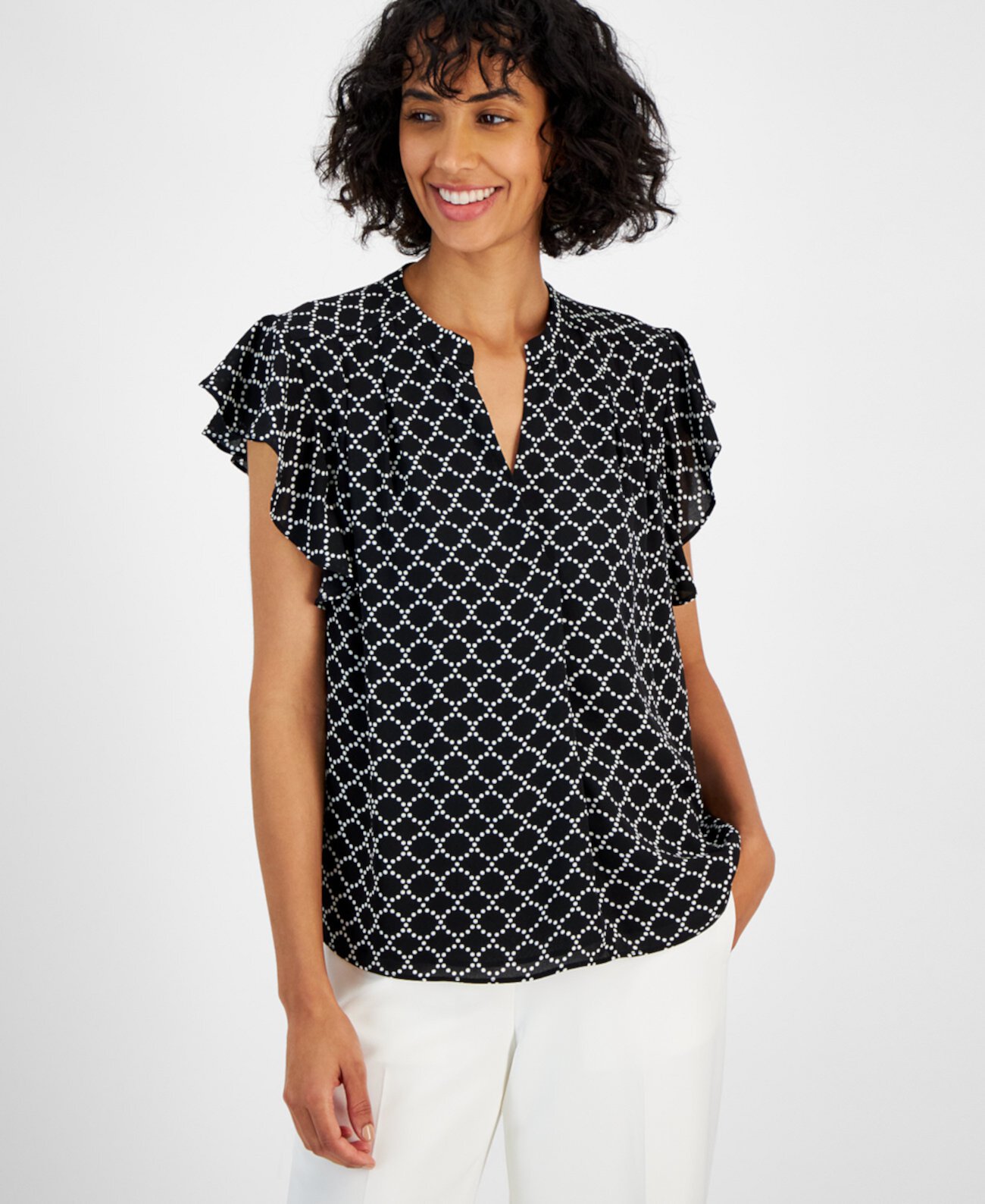 Women's Printed Split-Neck Flutter-Sleeve Top T Tahari