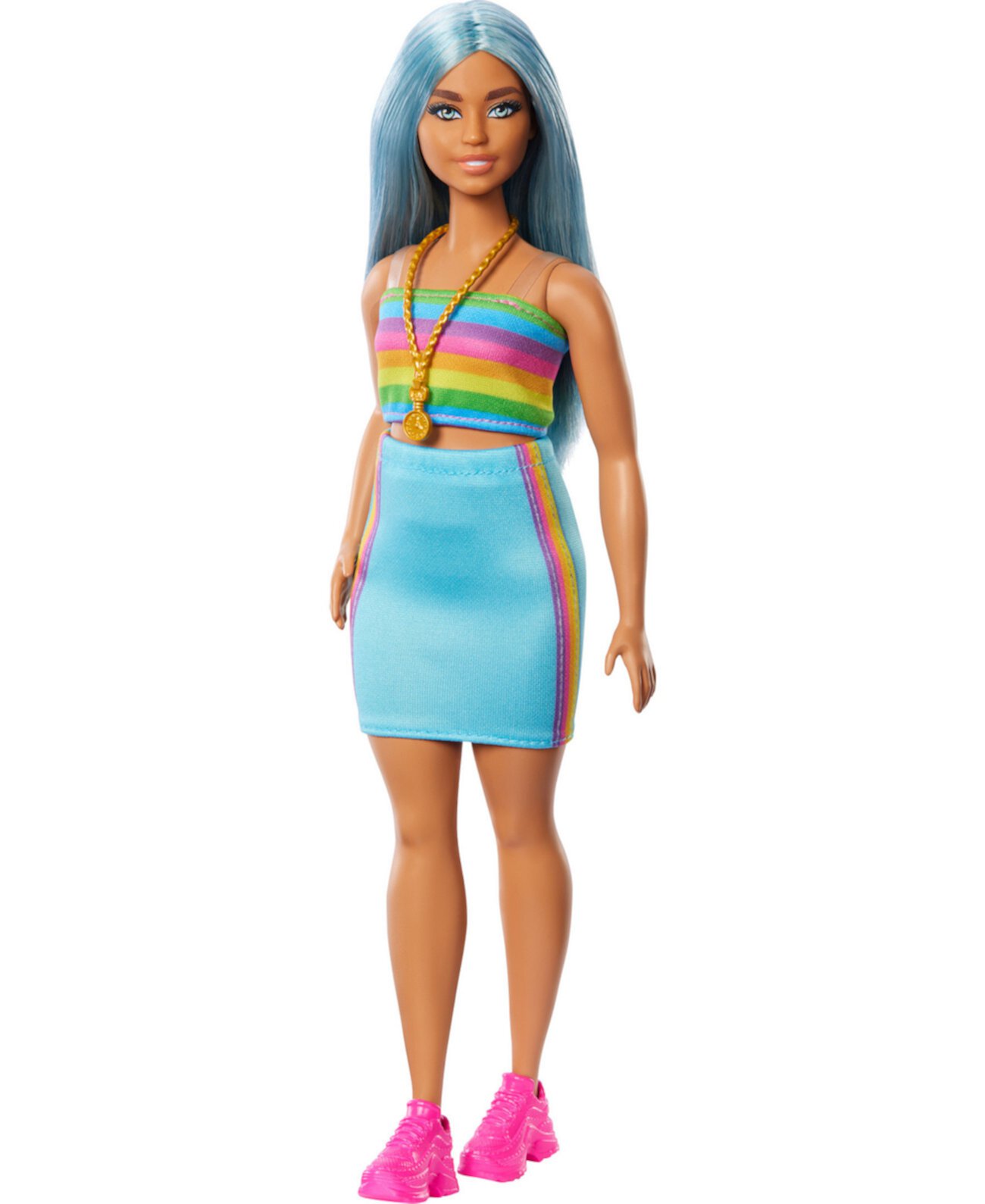 Fashionistas Doll 218 with Blue Hair, Rainbow Top and Teal Skirt, 65th Anniversary Barbie