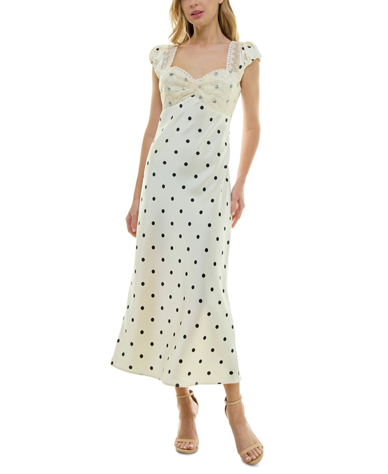 Juniors' Polka Dot Lace-Trim Satin Maxi Dress Crystal Doll