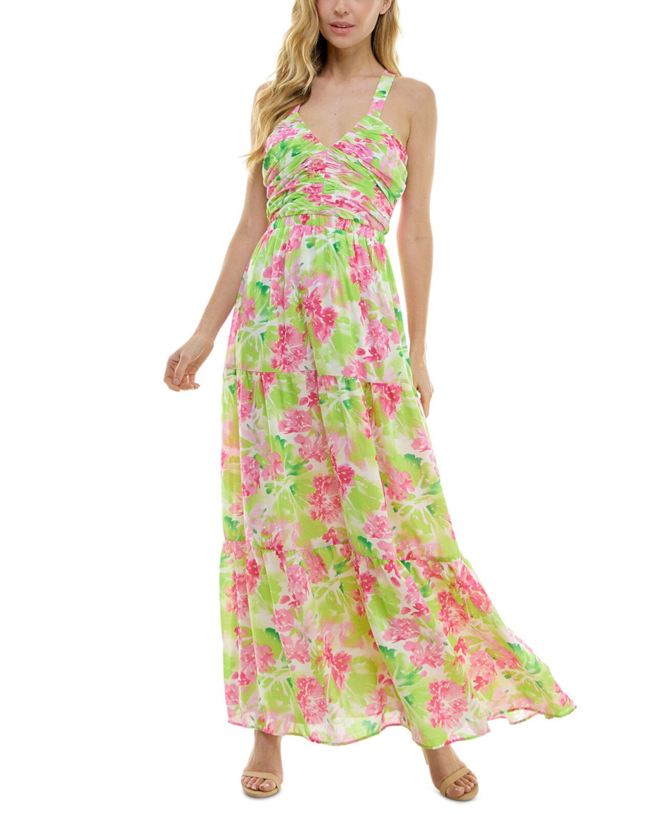 Juniors' Floral Print Sleeveless Tiered Maxi Dress City Studios