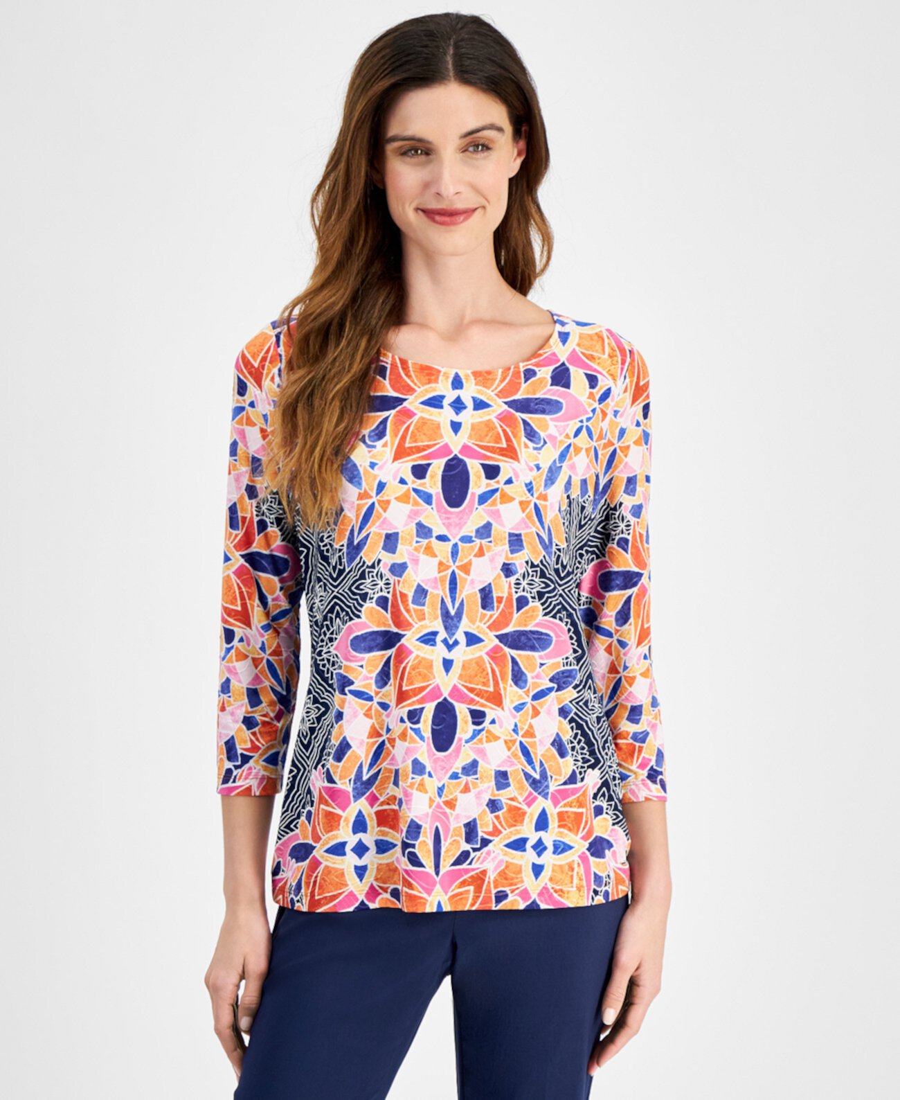 Petite Glamorous Glass Jacquard Printed 3/4-Sleeve Top, Created for Macy's J&M Collection