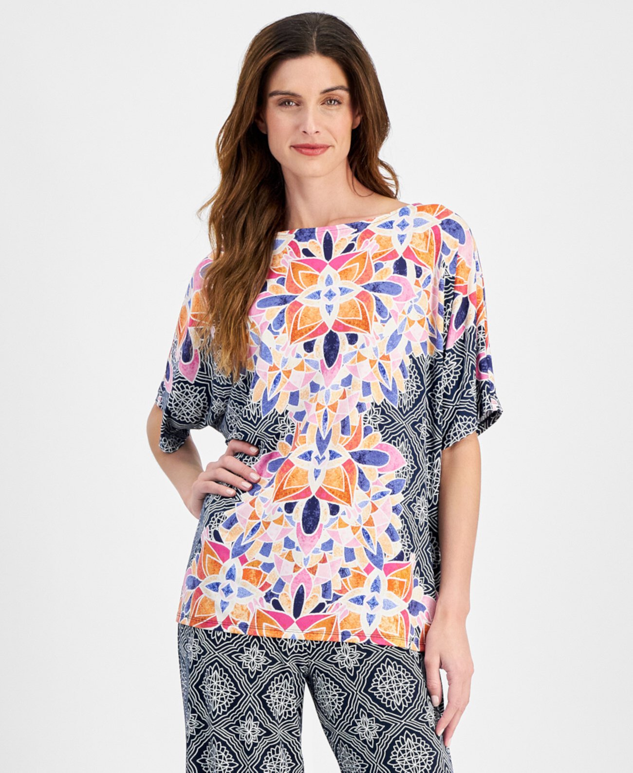 Women's Short-Sleeve Printed Dolman-Sleeve Top, Created for Macy's J&M Collection