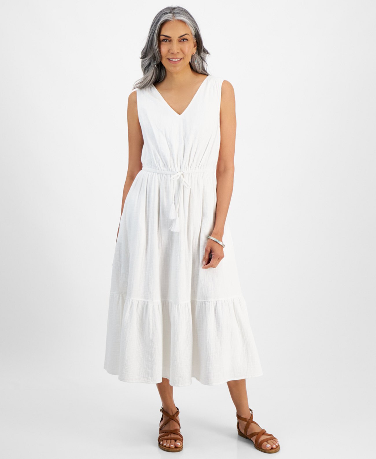 Women's Cotton Gauze V-Neck Midi Dress, Created for Macy's Style & Co