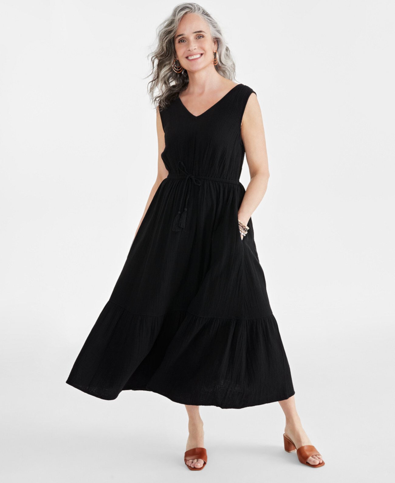 Women's Cotton Gauze V-Neck Midi Dress, Created for Macy's Style & Co