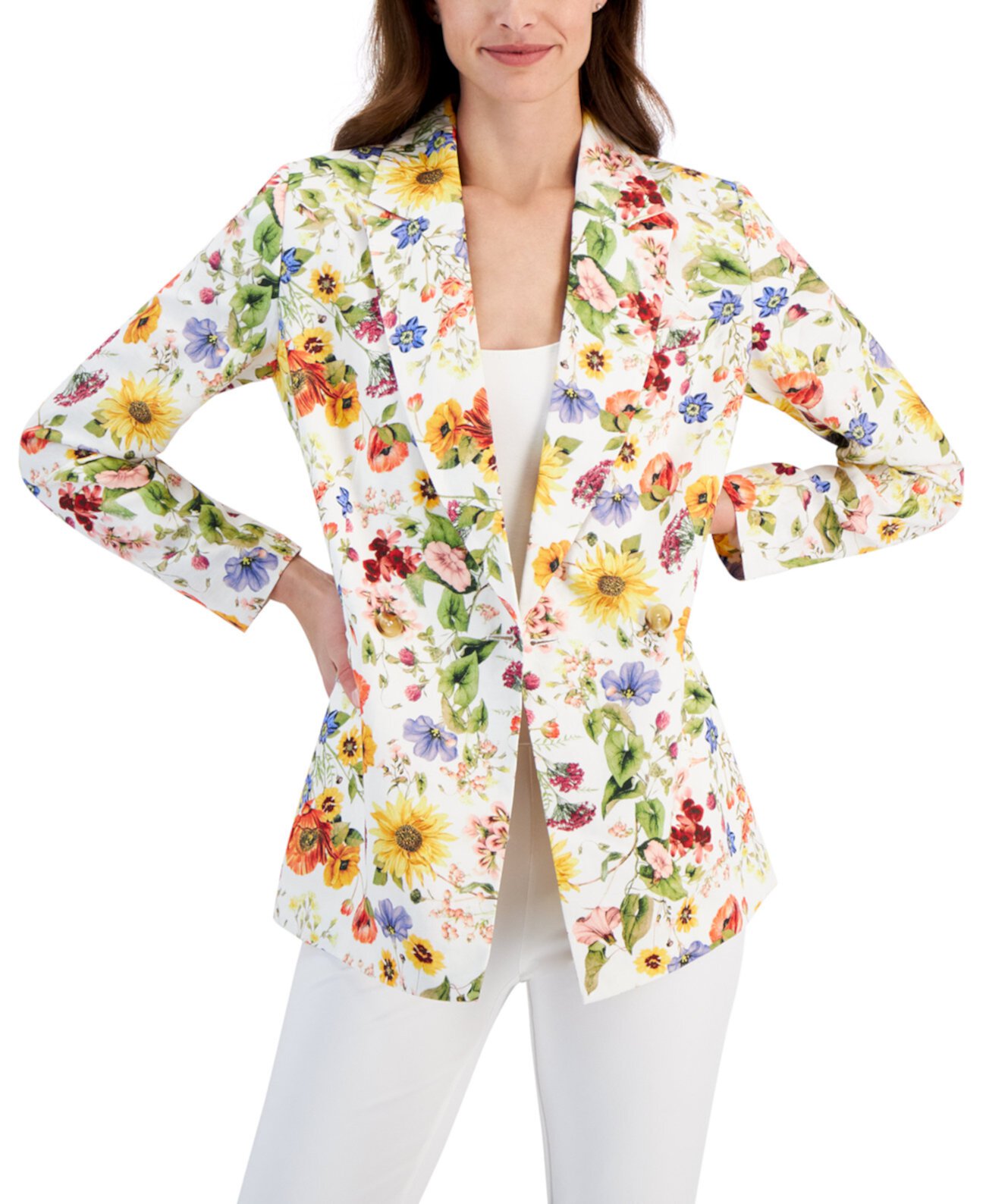 Women's Floral-Printed Linen-Blend Blazer T Tahari