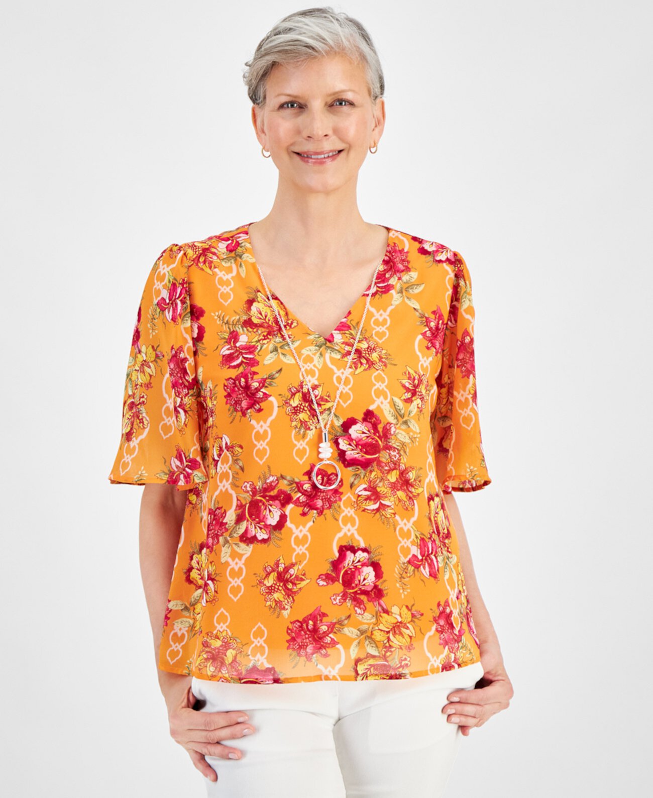 Women's Printed Elbow-Sleeve Necklace Top, Created for Macy's J&M Collection