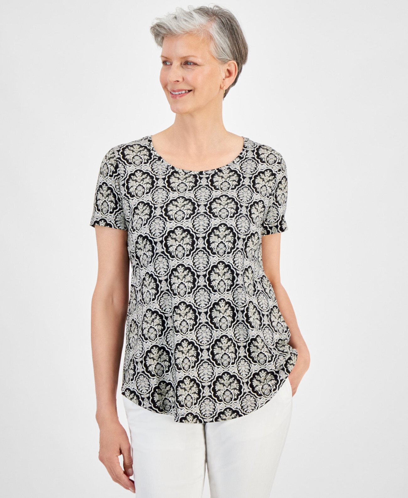 Women's Printed Scoop-Neck Short-Sleeve Top, Created for Macy's J&M Collection
