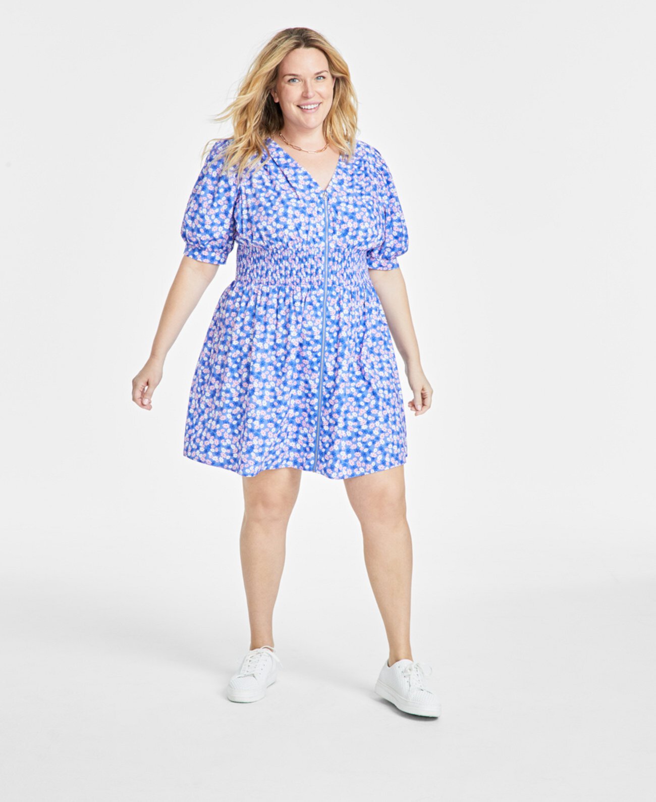 Trendy Plus Size Ditsy Floral Zip-Front Mini Dress, Created for Macy's On 34th