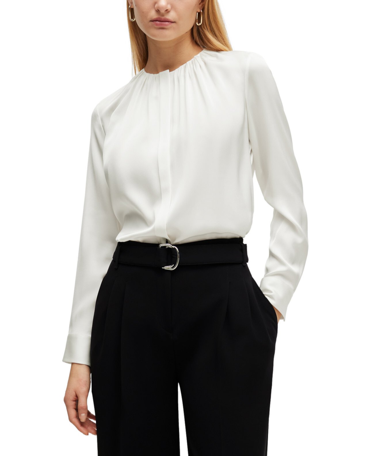 Women's Stretch-Silk Crepe De Chine Ruched-Neck Top BOSS