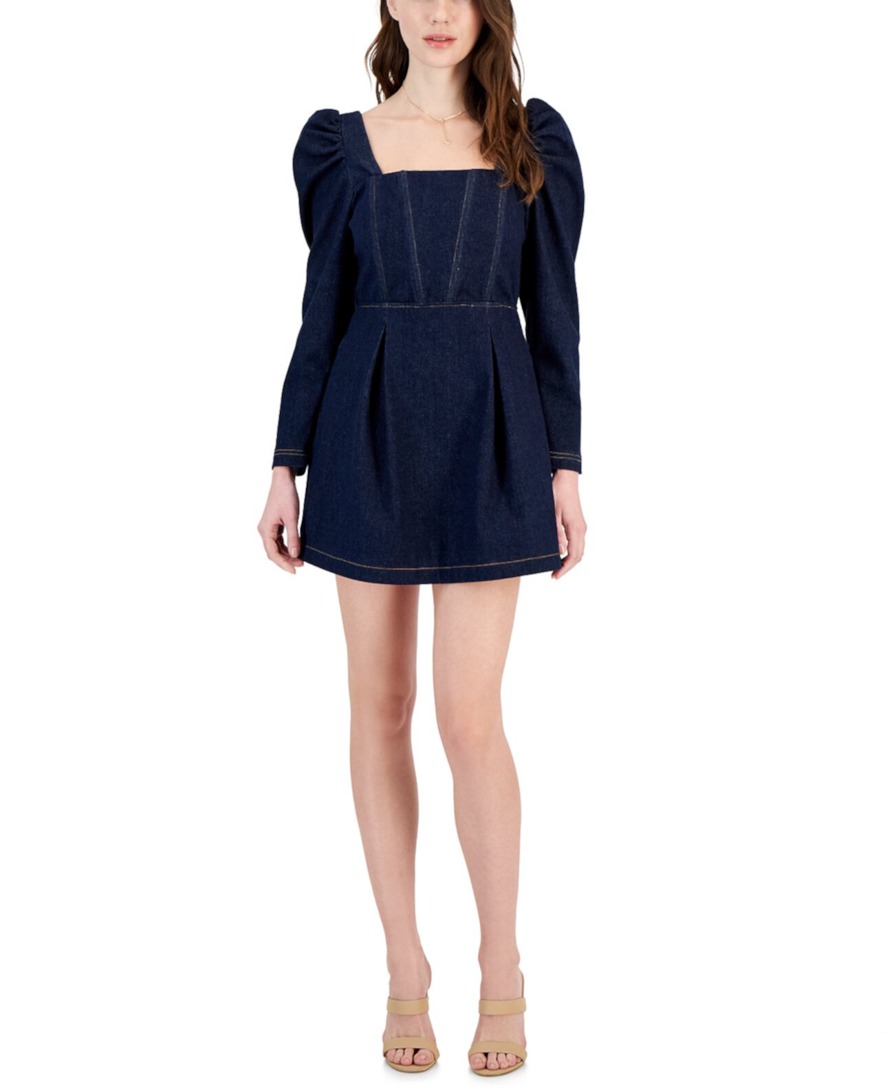 Women's Puff Sleeve Cotton Denim A-Line Dress Avec Les Filles