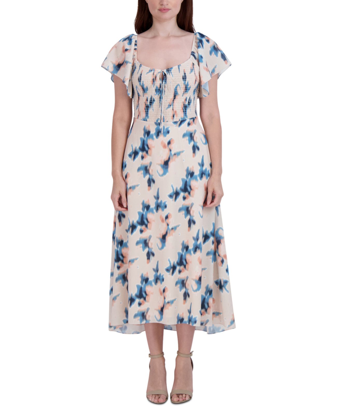 Women's Printed Smocked Flutter-Sleeve Midi Dress BCBGeneration