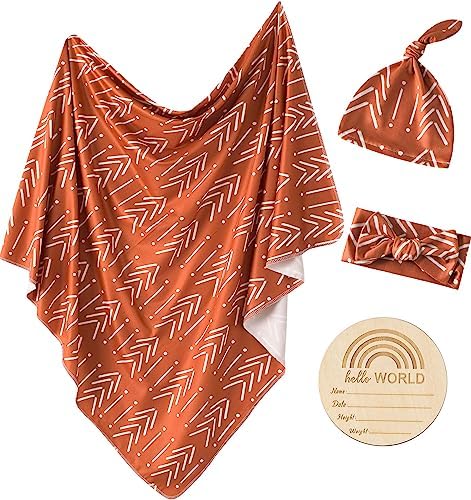 Little Jump 3 Sets Nerborn Receiving Blanket and Headband Set Flower Print Baby Swaddle Wrap Floral Baby Blankets for Girls and Boys. (Rust Geometric) Little Jump