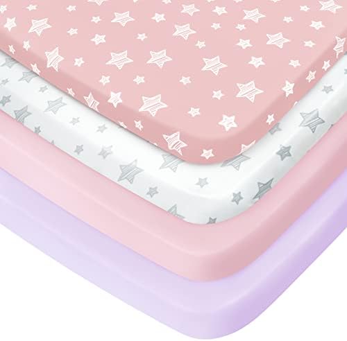 Pack and Play Sheets Girl, 4 Pack Mini Crib Sheets, Stretchy Pack n Play Playard Fitted Sheet, Compatible with Graco Pack n Play, Soft and Breathable Material, Pink Moonsea