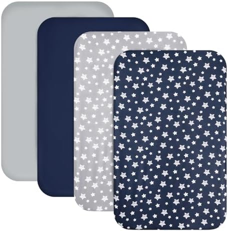 Mini Portable Crib Sheets 4 Pack for Boys (38" X 24"), Compatible with Dream on Me, Delta Porta Crib and Arms Reach Ideal Cosleeper, Navy Moonsea
