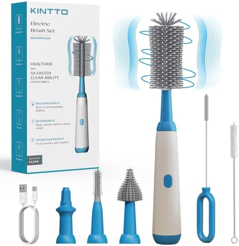 KINTTO Electric Water Bottle Brush Cleaner with Rechargeable, Baby Bottle Brush Cleaning Set ，Waterproof Replaceable Nipple and Straw Silicone Brush Green KINTTO