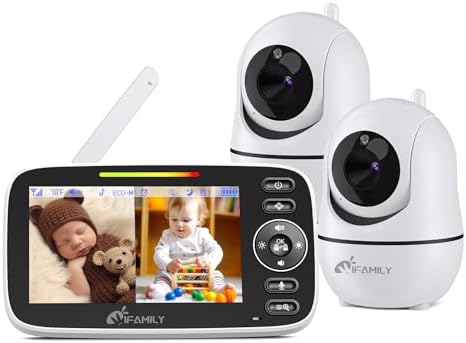 iFamily Split Screen Baby Monitor, Large Display Video Baby Monitor with 2 Cameras and Audio, Long Range, Remote pan tilt, Night Vision, Temperature Sensor, 2 Way Talk, Feeding Clock and lullabies. IFamily